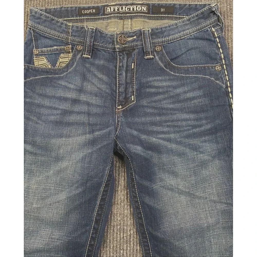 Affliction Jeans Men's Blue Premium Cooper Distressed Denim  Size 33x26